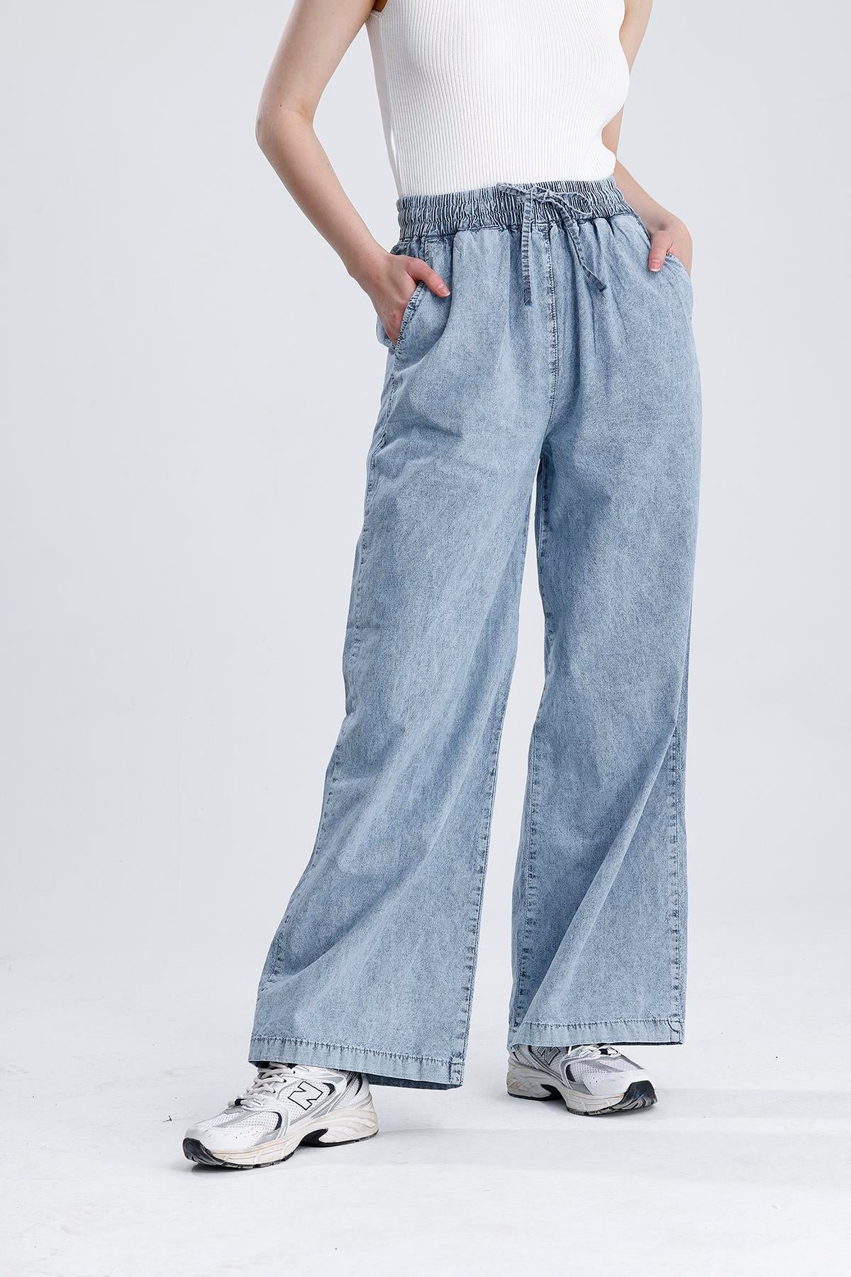 Beli Lastikli Bol Paça Denim Pantolon