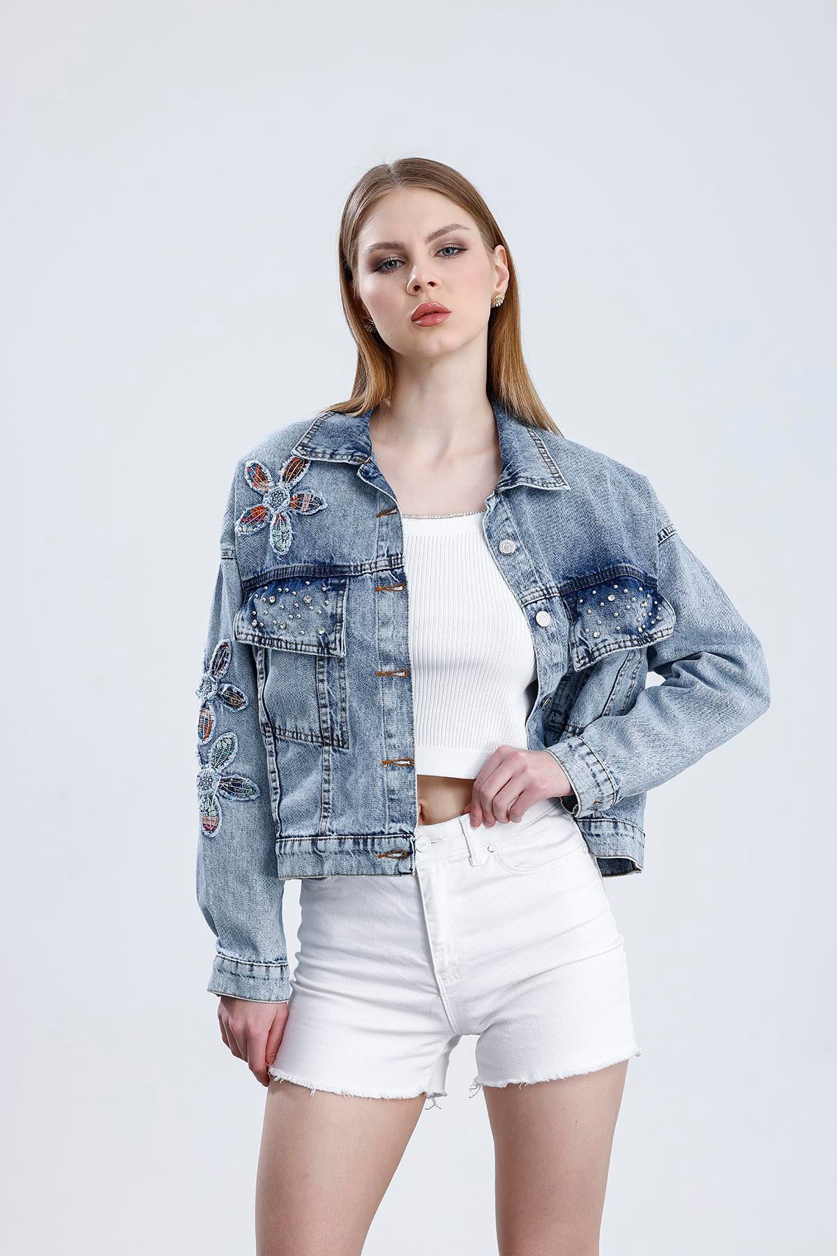 Nakışlı Taş Aksesuarlı Cepli Denim Ceket