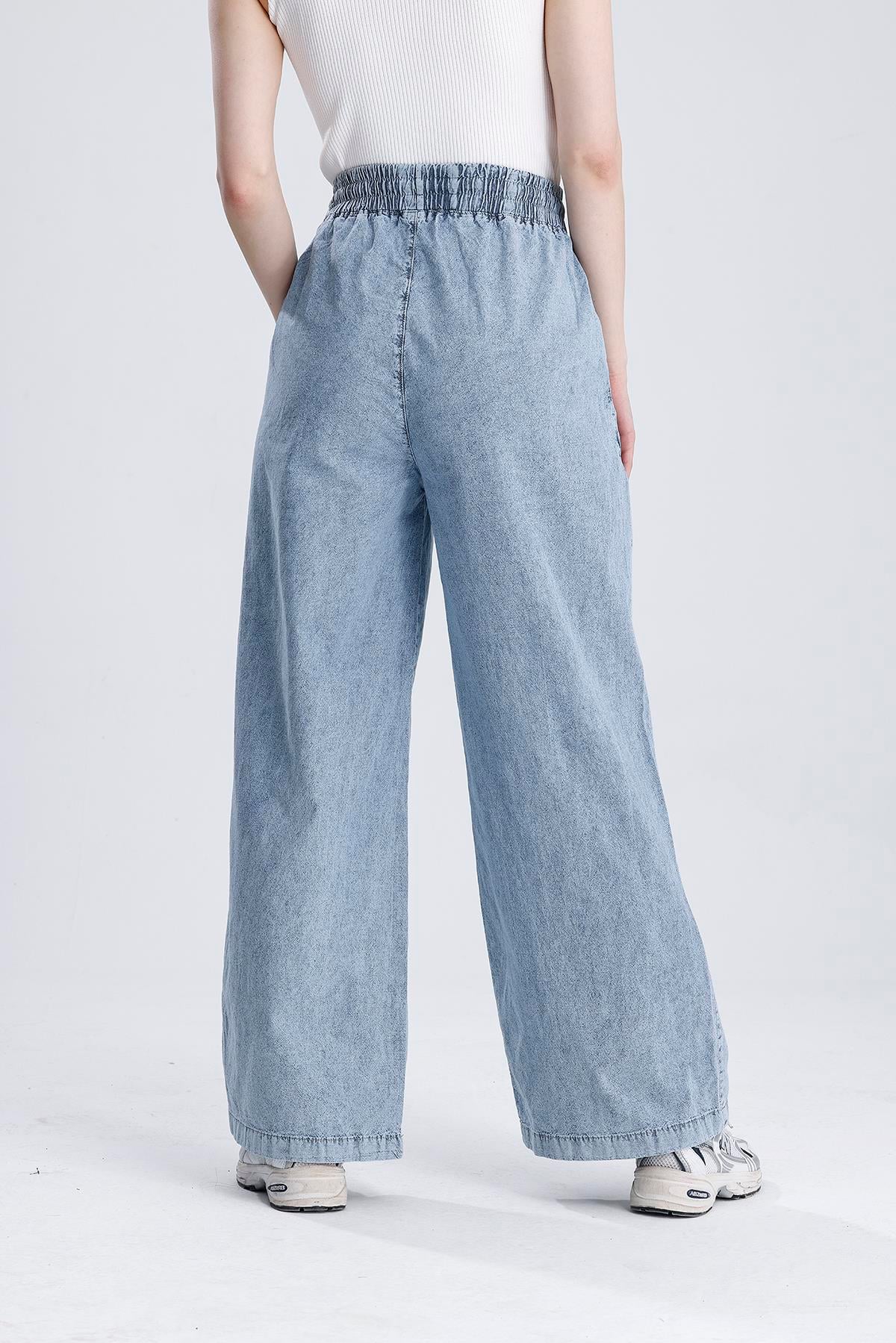 Beli Lastikli Bol Paça Denim Pantolon