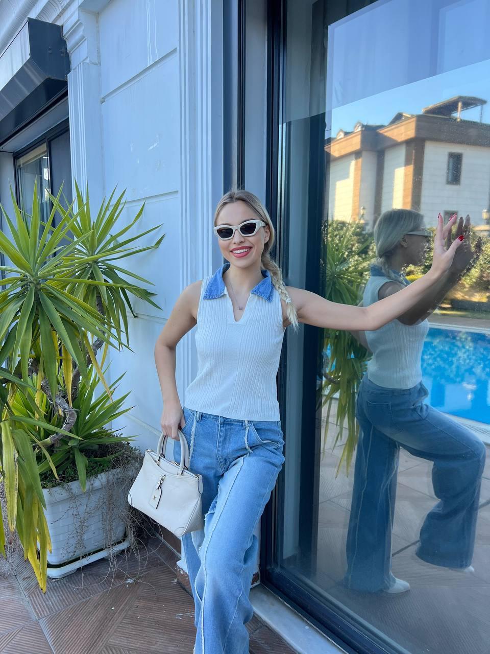 Yakası Denim Yazlık Triko Atlet
