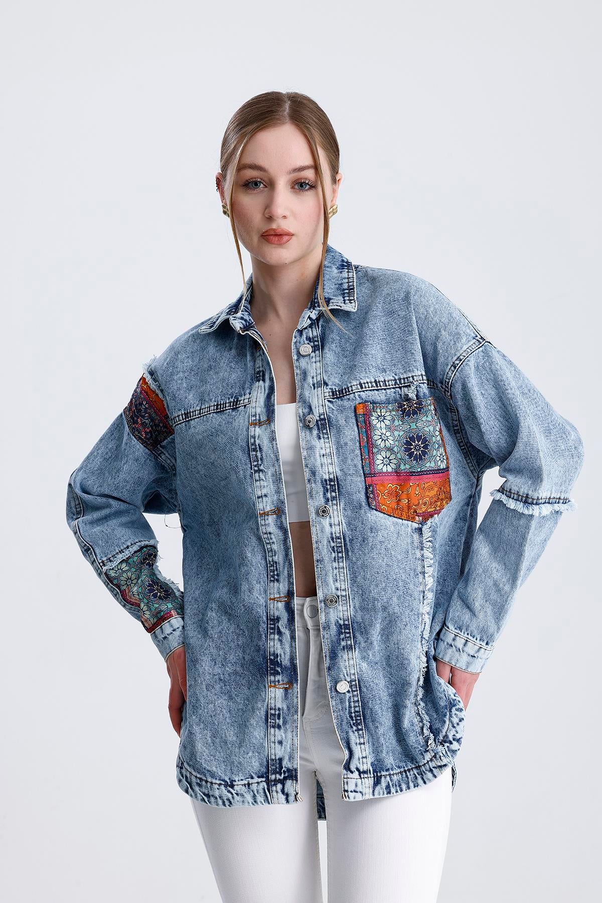 Oversize Etnik Desenli Jeans Ceket