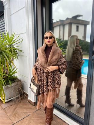 Yakası Kürklü Leopar Sezonsuz Triko Şal