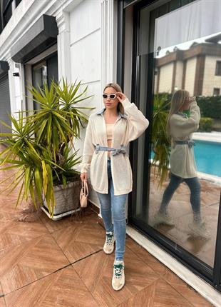 Yakası ve Kemeri Denim Uzun Triko Kazak