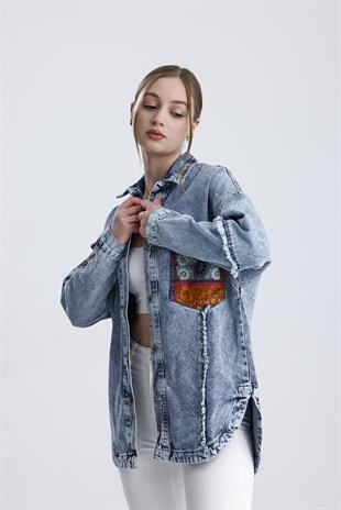 Oversize Etnik Desenli Jeans Ceket