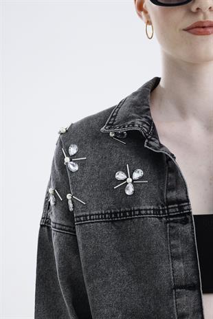 Omuzu Taşlı Çift Cepli Jeans Ceket