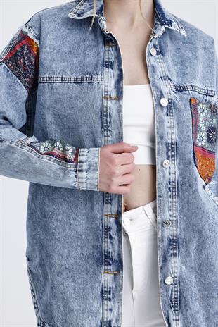 Oversize Etnik Desenli Jeans Ceket