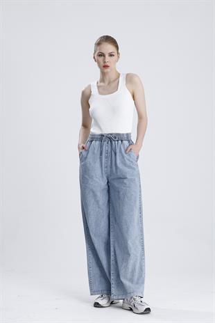Beli Lastikli Bol Paça Denim Pantolon