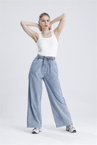 Beli Lastikli Bol Paça Denim Pantolon