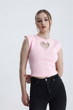 Önü Kalp Aksesuarlı Triko Bluz