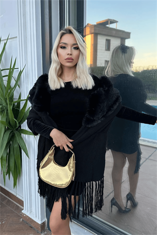 Yakası Kürklü Sezonsuz Triko Şal