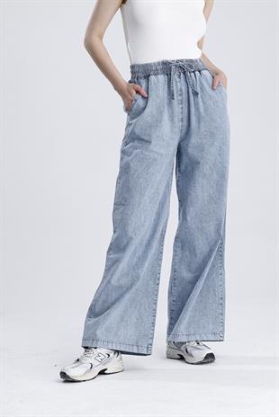 Beli Lastikli Bol Paça Denim Pantolon