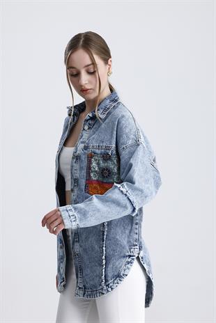 Oversize Etnik Desenli Jeans Ceket