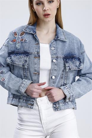 Nakışlı Taş Aksesuarlı Cepli Denim Ceket