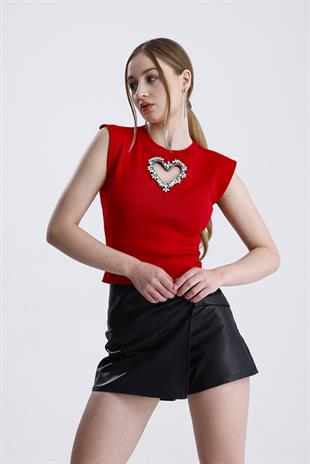 Önü Kalp Aksesuarlı Triko Bluz