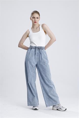 Beli Lastikli Bol Paça Denim Pantolon