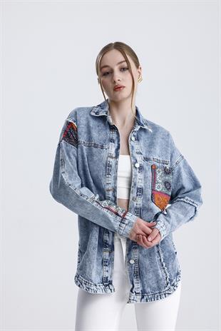 Oversize Etnik Desenli Jeans Ceket