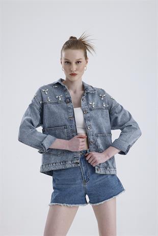 Omuzu Taşlı Çift Cepli Jeans Ceket