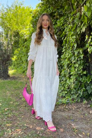 For Angels | Beyaz Yakası Bağcıklı Uzun Kollu Fisto Elbise