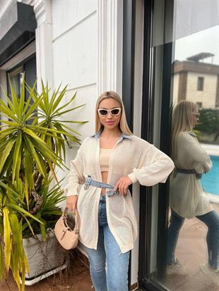 Yakası ve Kemeri Denim Uzun Triko Kazak