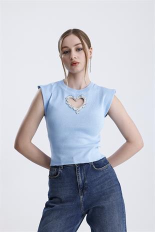 Önü Kalp Aksesuarlı Triko Bluz