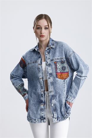 Oversize Etnik Desenli Jeans Ceket