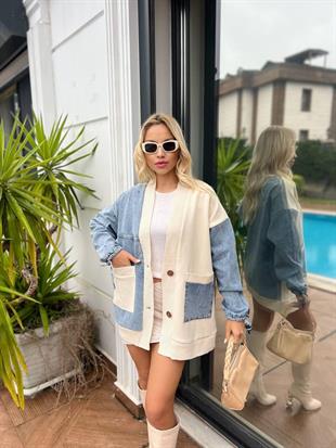 Önü Cepli Düğmeli Jeans Ceket