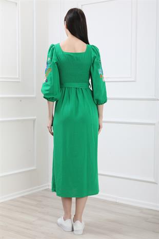 Yeşil Kolları Nakışlı Keten Elbise