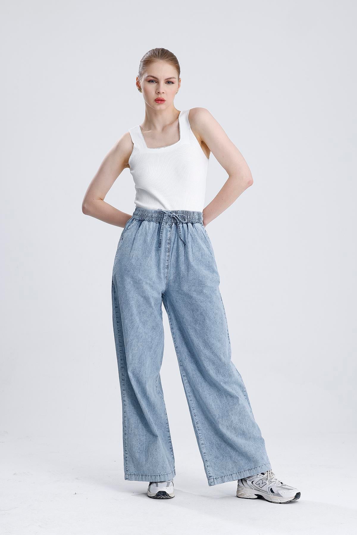 Beli Lastikli Bol Paça Denim Pantolon