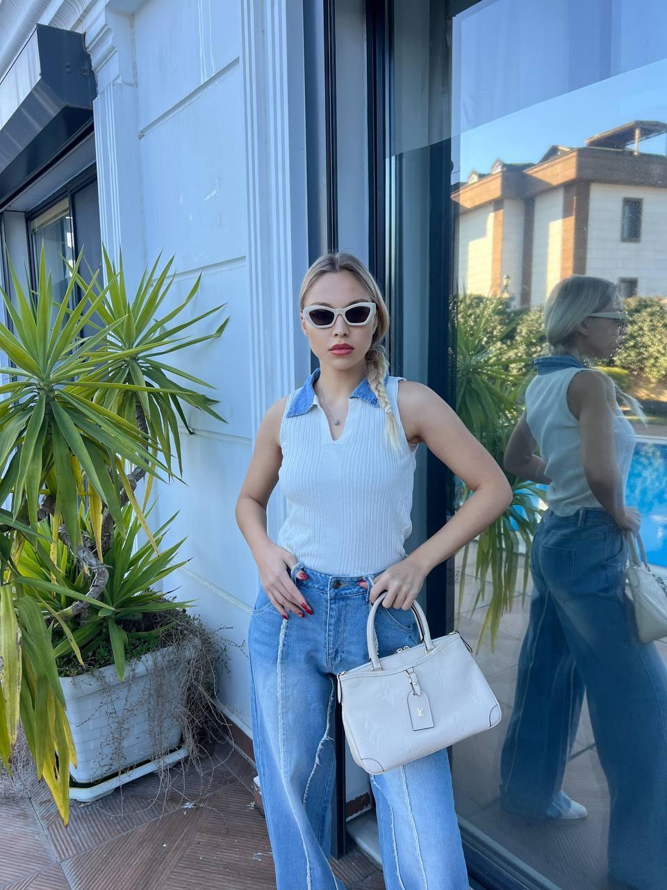 Yakası Denim Yazlık Triko Atlet