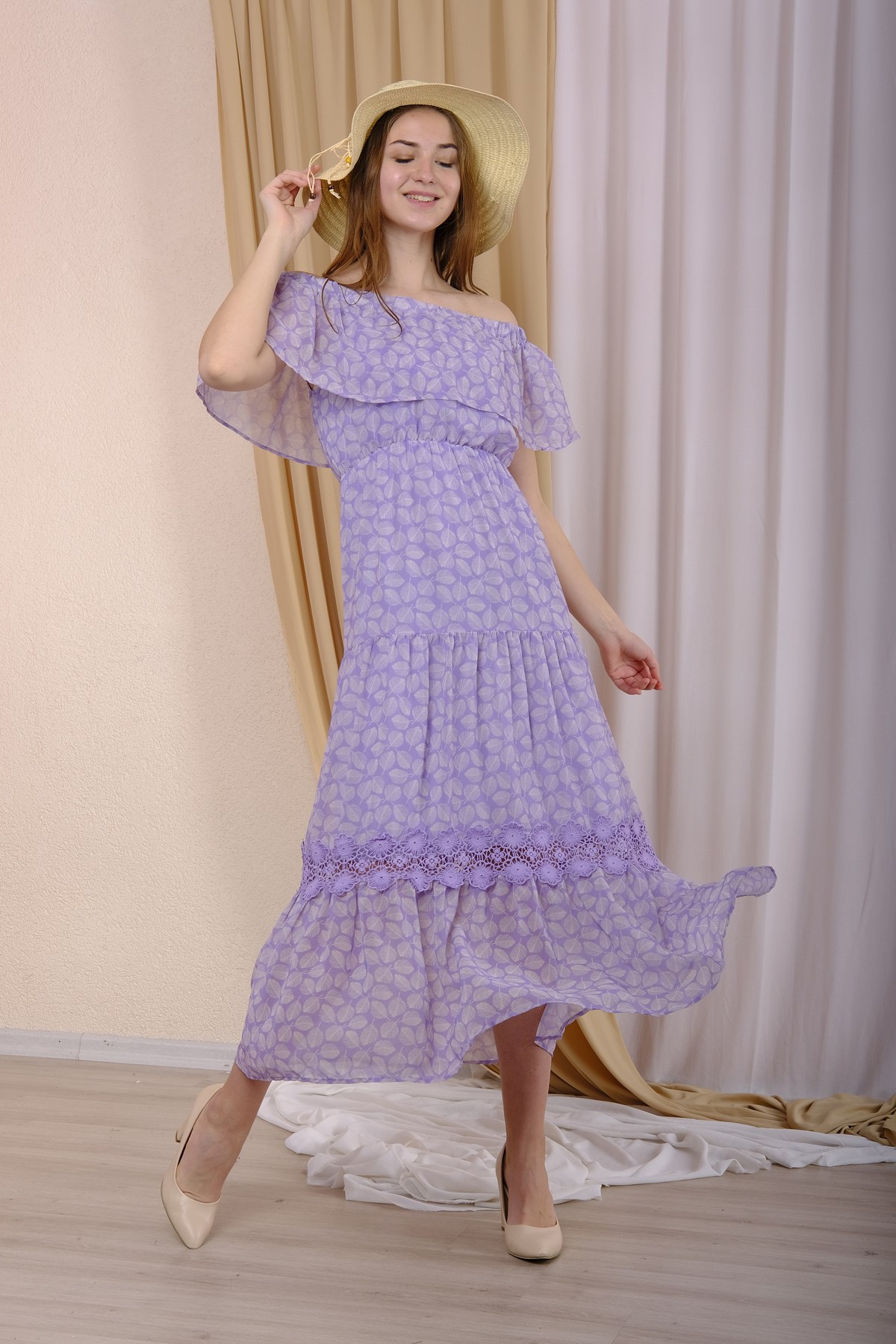 For Angels|Lila Fırfırlı Yaprak Desenli Uzun Şifon Elbise