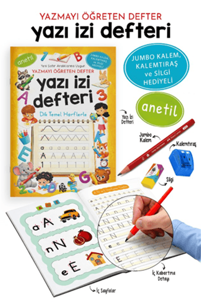 Yazı İzi Defteri - Yazmayı Öğreten Defter - Jumbo Kalem, Kalemtıraş ve Silgi Hediyeli