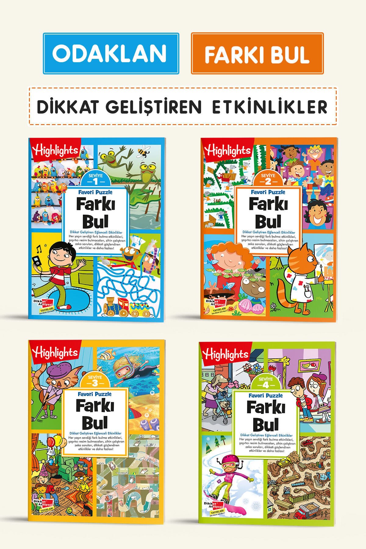 Farkı Bul 4’lü Set 5-9 Yaş Dikkat ve Zeka Geliştirme  200+ Aktivite