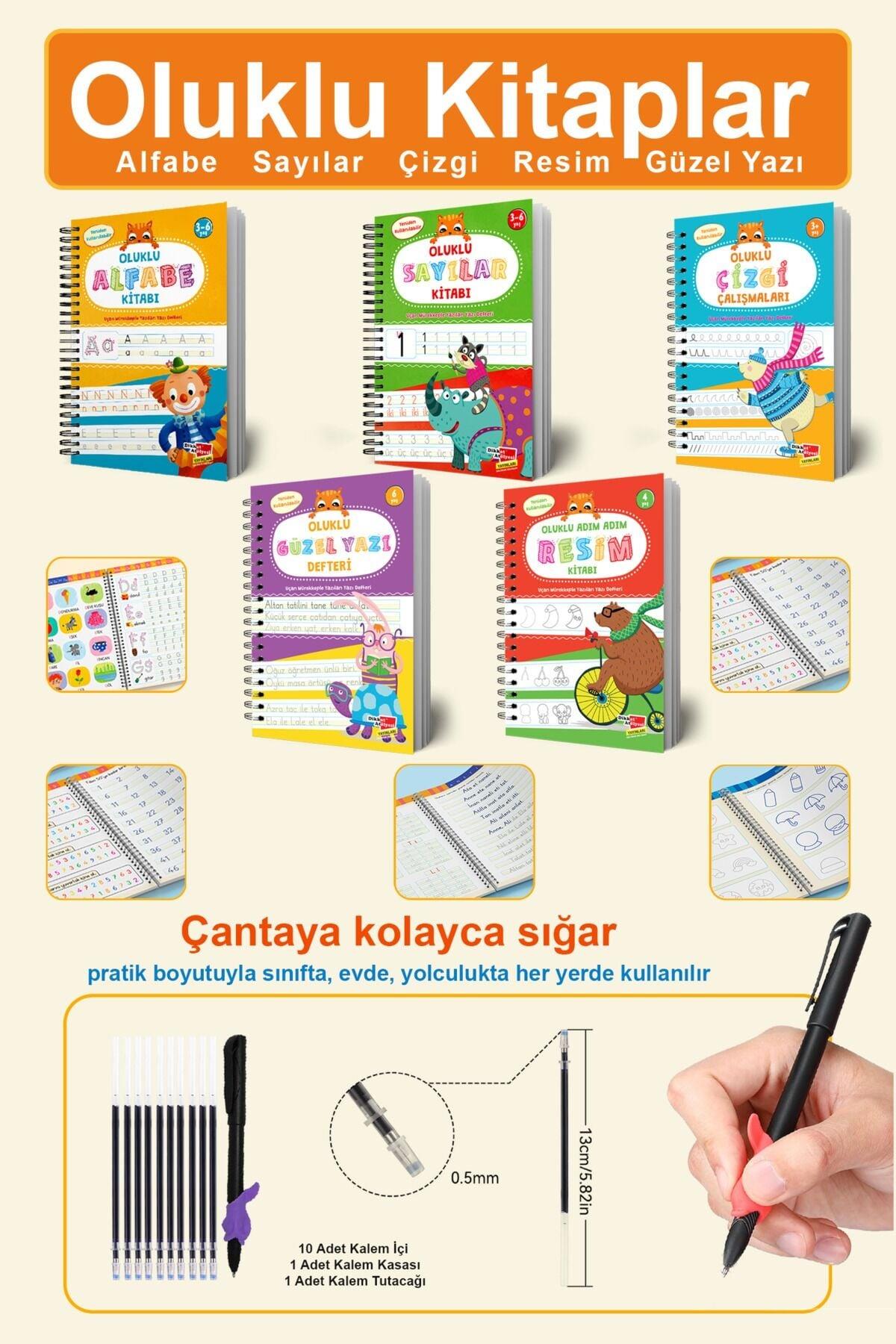 Sihirli Kalemli Oluklu Yazı Öğrenme 5’li Set | Güzel Yazı Defteri, Resim, Çizgileri, Harfleri ve Sayıları Yazmayı Öğreten Kitap