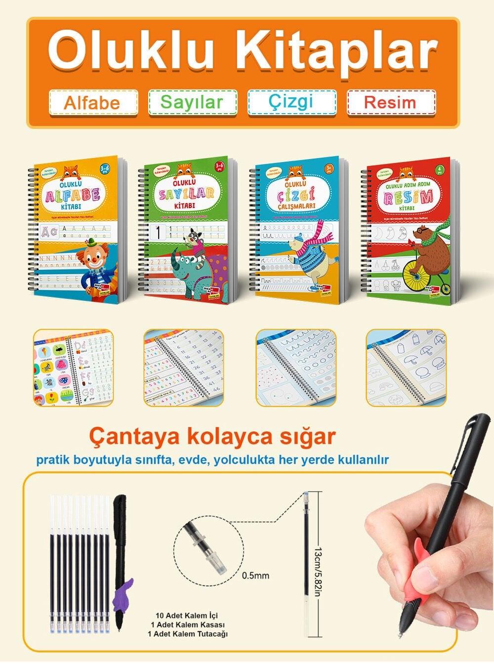Sihirli Kalemli Oluklu Yazı Öğrenme Seti – Harfler, Sayılar, Çizgi Çalışmaları ve Resim Kitabı | Silinebilir Eğitici Kitap (3-6 Yaş)