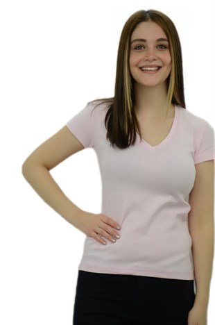 V Yaka Açık Pembe Basic T-Shirt