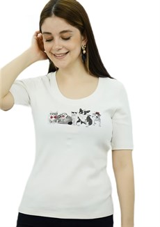 Cat&Dog Baskılı Krem T-Shirt