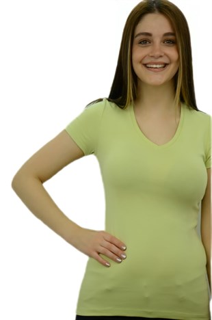  V Yaka Su Yeşili Basic T-Shirt