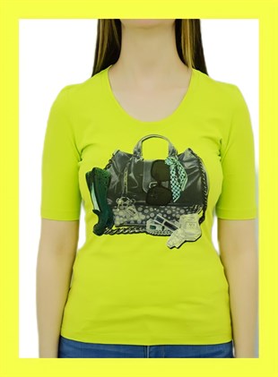 Çanta Baskılı Neon Yeşili T-Shirt