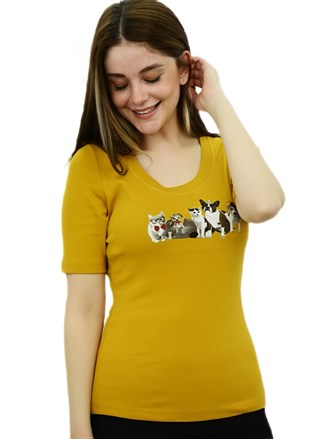 Cat&Dog Baskılı Hardal T-Shirt