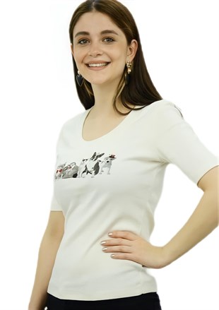 Cat&Dog Baskılı Krem T-Shirt