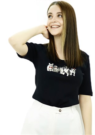Cat&Dog Baskılı Siyah T-Shirt