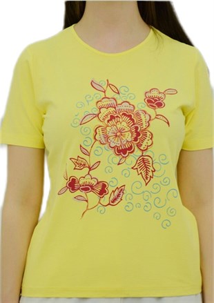 Çiçek Baskılı Sarı T-Shirt