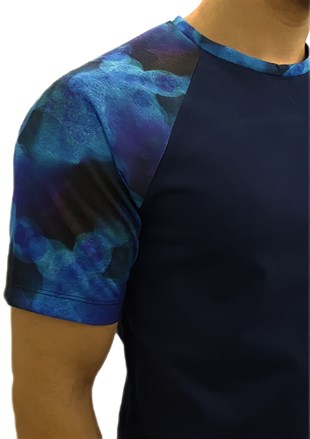 Omuz Mavi Desenli Erkek Tişört-Lacivert