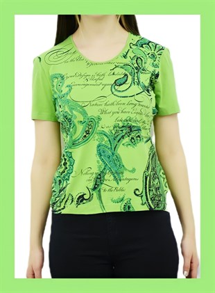 Yazı Detaylı Yeşil T-Shirt