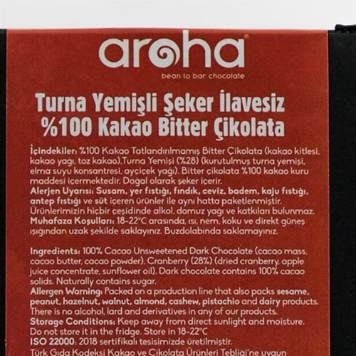%100 Bitter Çikolata,Cranberry ve Üzümlü (110 gr) Aroha
