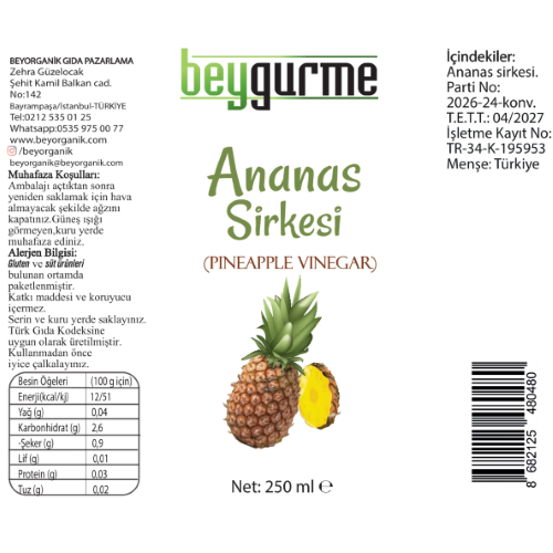 Ananas Sirkesi (250ml) (PESTİSİT ANALİZLİ) Beygurme