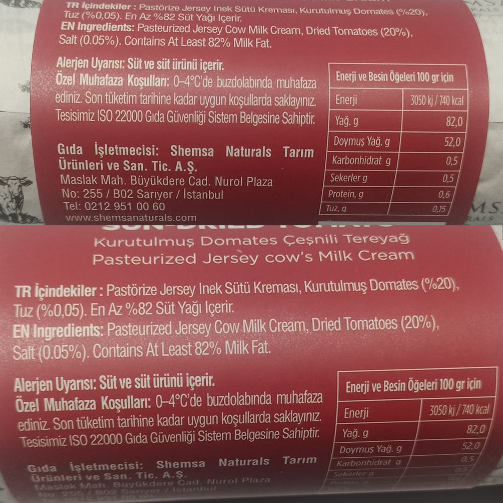 Çeşnili Tereyağı / Kurutulmuş Domatesli (250 gr) Shemsa Naturals Locavore