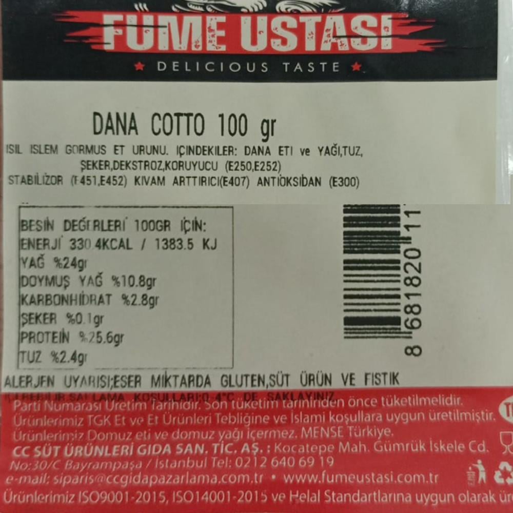 Dana Cotto Füme Dilim (100 gr) Füme Ustası