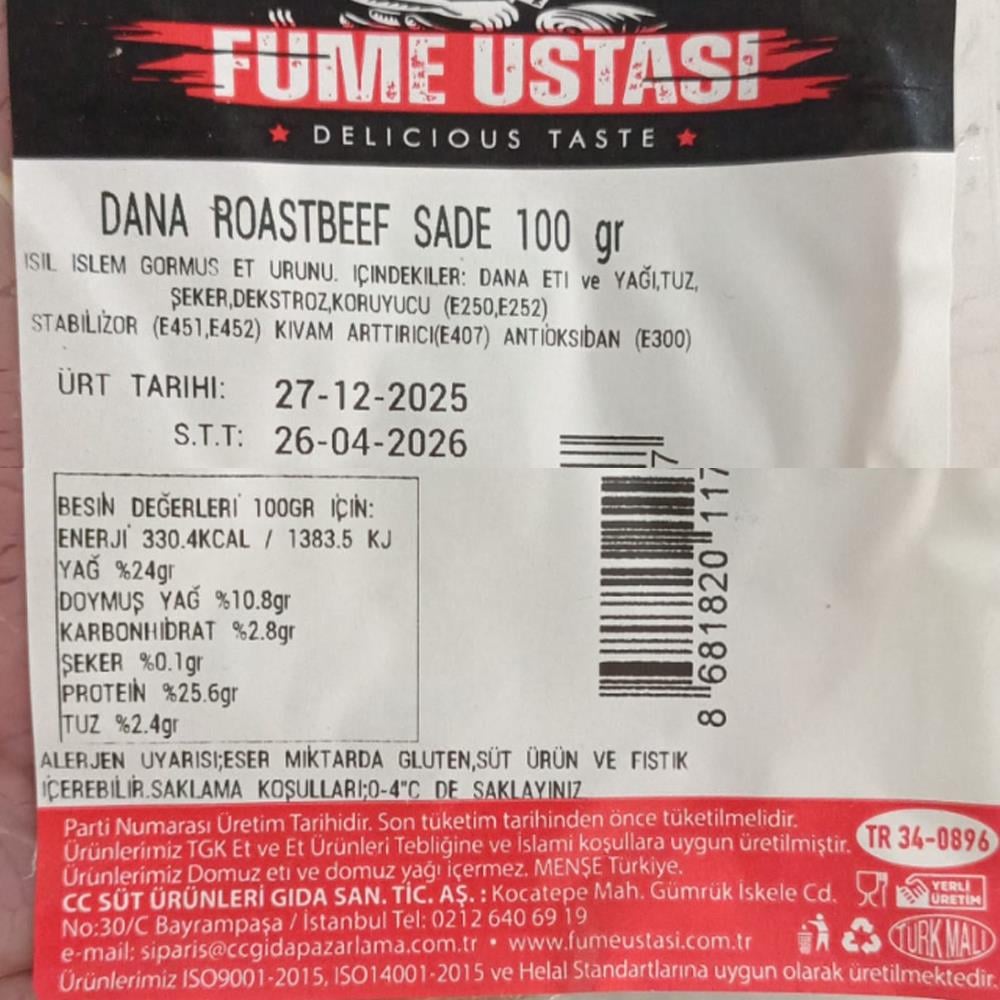 Dana Rozbif Sade Dilim (100 gr) Füme Ustası