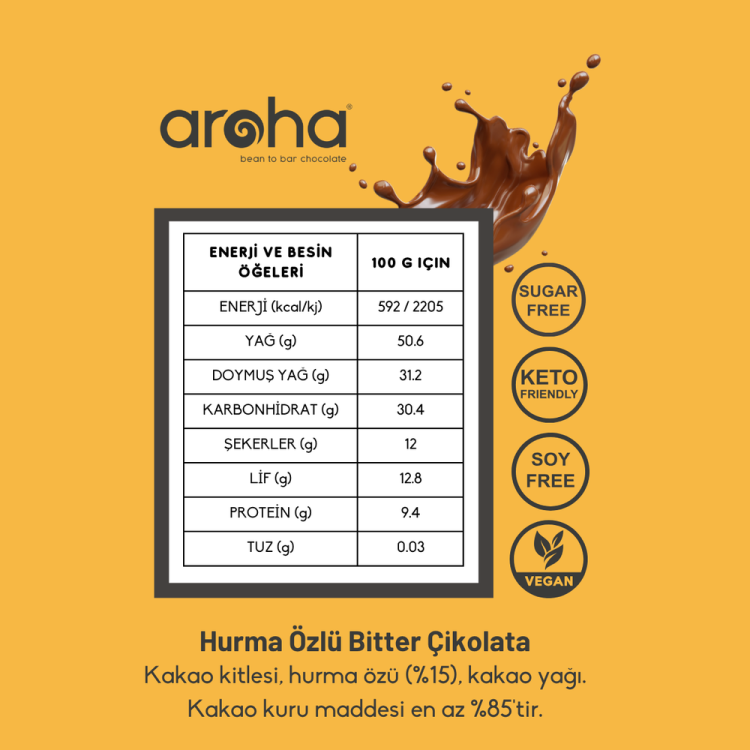 Hurma Özlü Bitter Çikolata- %85 Kakao (80 gr) Aroha